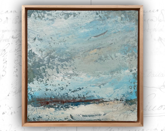 Abstract Painting of White Sand Beach, Cold Wax and Oil Painting, Framed Abstract Painting