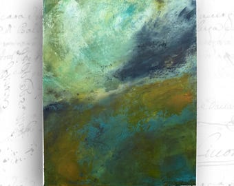 Abstract Landscape Painting with Dramatic Clouds, Unframed Cold Wax and Oil Landscape (8x10)