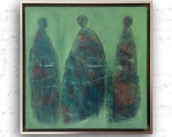 Framed Abstract Figure Painting: Cold Wax & Oil (20x20)