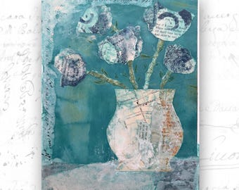 Collaged Painting of Blue Flowers in Vase, Mixed Media Florals (8x10 Unframed Original Art)