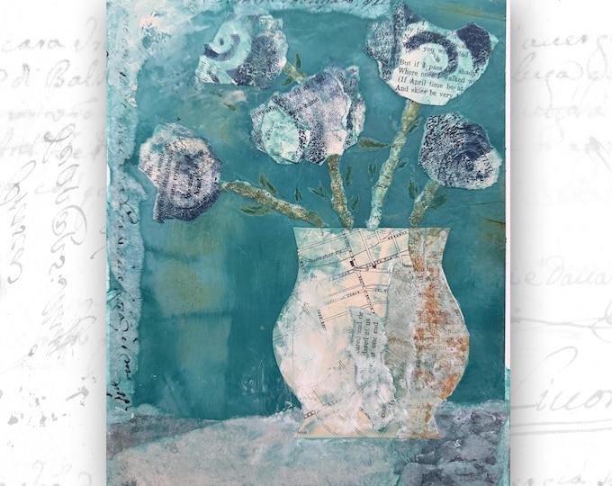 Collaged Painting of Blue Flowers in Vase, Mixed Media Florals (8x10 Unframed Original Art)