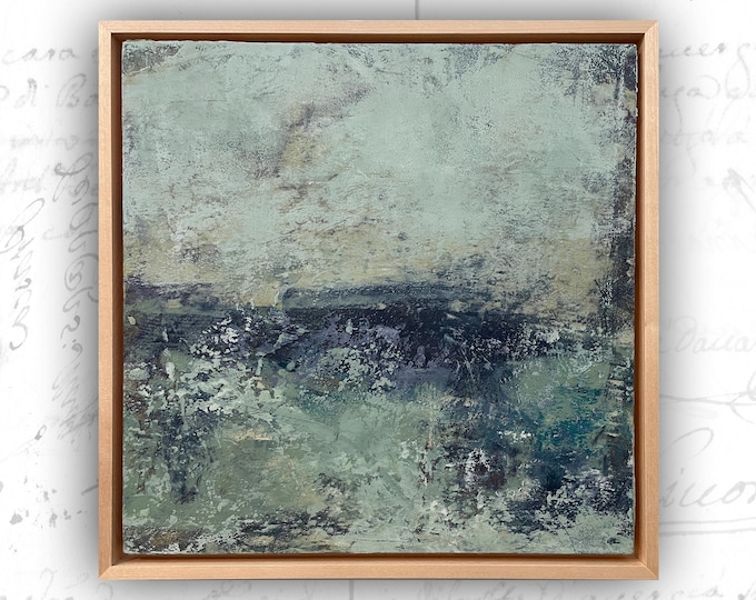 Framed Ocean Painting: Abstract Cold Wax and Oil Painting, 10x10 Art