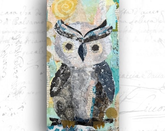 Collage Painting of Owl: Mixed Media Art with Owl (6x12)