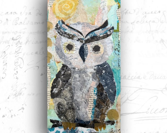 Collage Painting of Owl: Mixed Media Art with Owl (6x12)