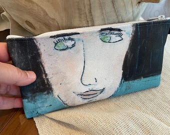 All Purpose Pencil Case with Green Eyed Woman Artwork, Zipper Bag for Accessories, Small Canvas Travel Bag