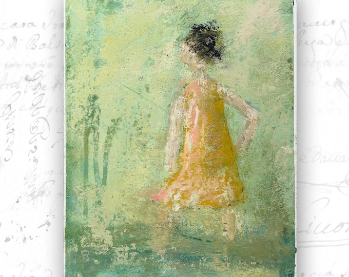 Original Painting Woman Yellow Swim Dress, Cold Wax Oil on Archival Paper (11 x 14)