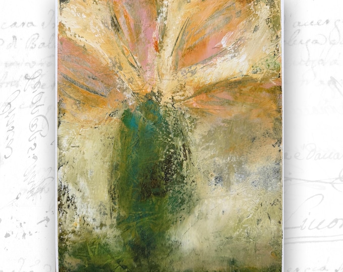 Abstract Floral Painting, Pink Tulips, Cold Wax Oil Texture (8 x 10)