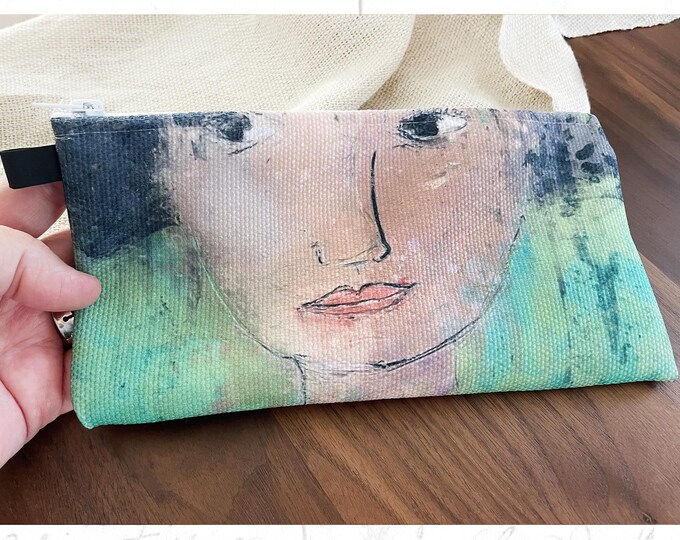 All Purpose Pencil Case with Brunette Woman Artwork, Zipper Bag for Accessories, Small Canvas Travel Bag