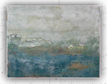 Original Collaged Painting of Ocean Scene, Unframed Painting in Cold Wax and Oil, Unframed Seascape Painting