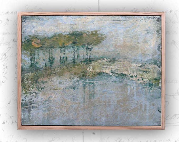 Framed Painting of Pine Trees and Lake Side: Cold Wax & Oil on Wood (14x11)