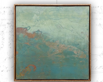Framed Blue Seascape Painting: Original Cold Wax & Oil Abstract Art