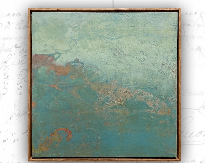 Framed Blue Seascape Painting: Original Cold Wax & Oil Abstract Art