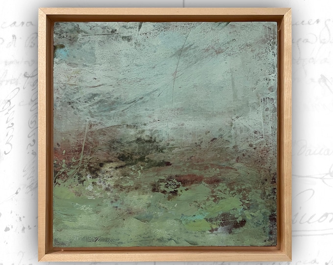 Original Landscape Painting with Summer Grass, Framed Landscape in Cold Wax and Oil, Small Abstract Landscape Painting