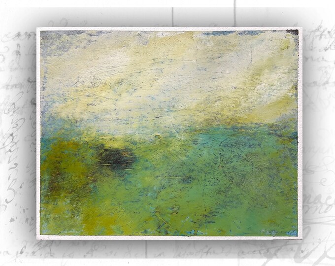 Abstract Painting of Green and Blue Landscape, Unframed Painting of Abstract Landscape, Original Cold Wax Landscape