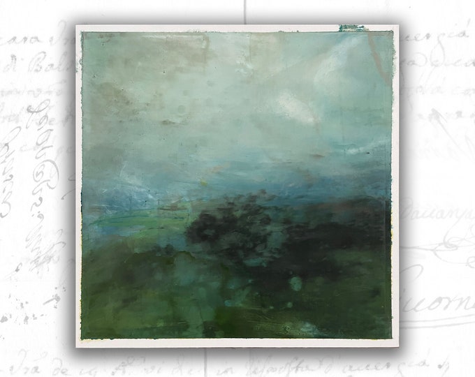 Abstract Painting of Lakeside Landscape— Cold and Oil Painting on Archival Paper — Unframed Original 8x8 Painting