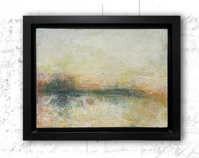 Framed Lakeside Landscape Painting: Cold Wax and Oil, 12x9"
