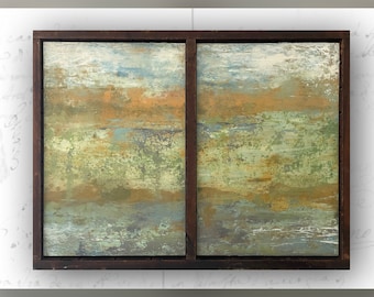 Framed Abstract Landscape Diptych: Cold Wax & Oil Painting in Antique Tray