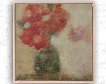 Framed Painting with Red Flowers: Cold Wax & Oil on Wood (12x12)