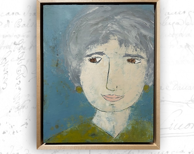 Whimsical Woman Portrait: Cold Wax & Oil Painting, Framed Art