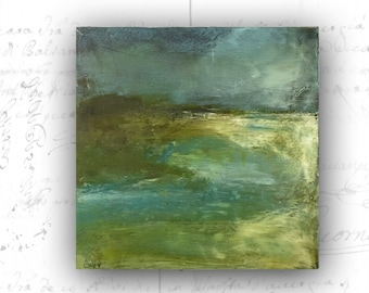 Abstract Seascape Painting: Cold Wax & Oil on Wood (8x8)