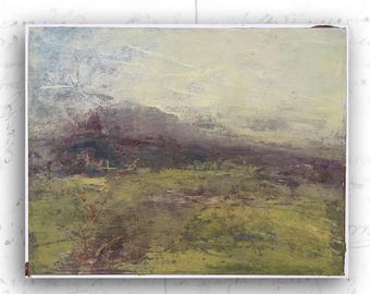 Cold Wax Abstract Landscape Painting: Pastel Green & Purple, 11x14 Unframed