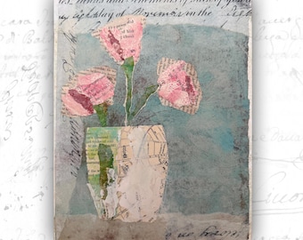 Pink Bouquet Collage Painting, Mixed Media Florals (8x10 Unframed Original Art)