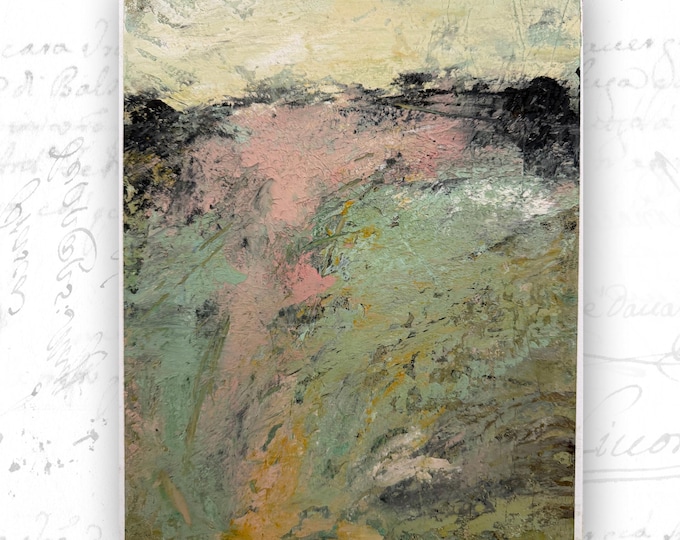 Abstract Landscape Painting with Pink Foliage, Textured Cold Wax and Oil Painting (8x10)