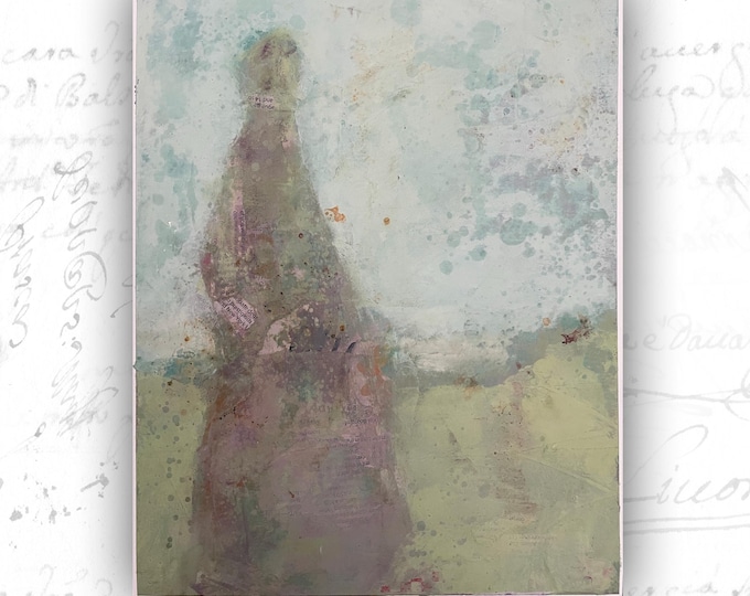 Collage Painting of Woman in Purple, Cold Wax Painting of Woman, Unframed Figure Art