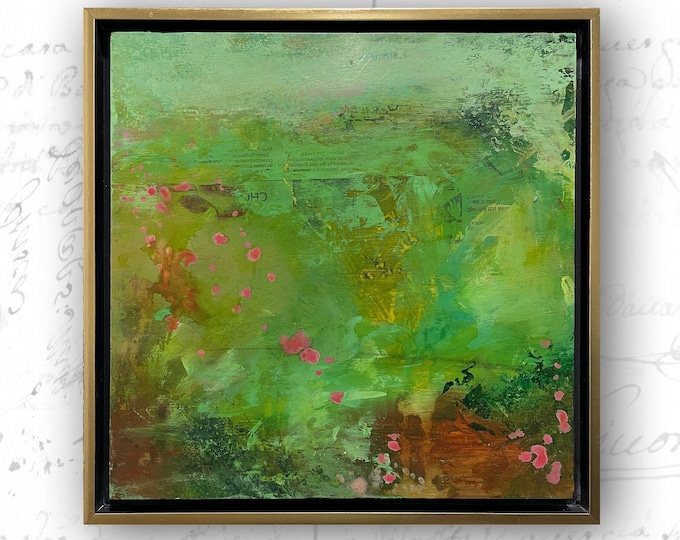Framed Abstract Landscape Painting: Bright Green Mixed Media Art