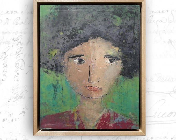 Whimsical Portrait of Woman with Black Hair, Original Painting of Female Face, Cold Wax and Oil Painting of Woman