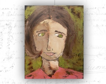 Whimsical Portrait of Woman with Brown Hair, Original Painting of Female Face, Cold Wax and Oil Painting of Woman