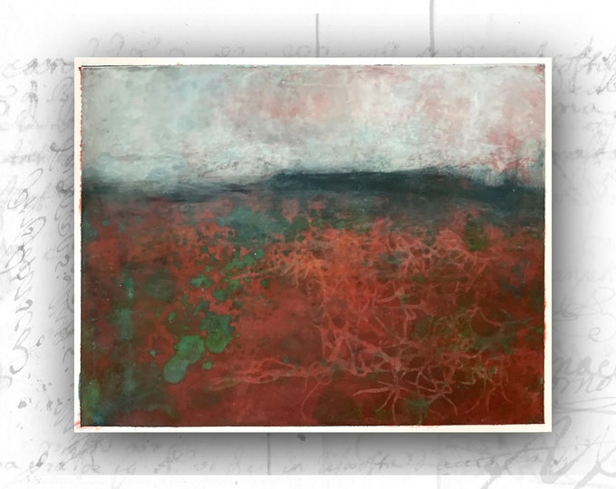 Abstract Painting of Red and Green Landscape, Unframed Painting of Abstract Landscape, Original Cold Wax Landscape