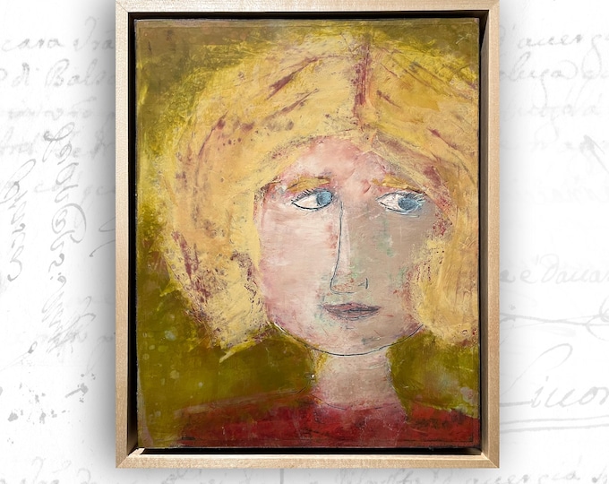 Blond Woman Portrait: Cold Wax & Oil Painting on Birch - Framed