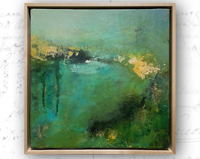 Framed Abstract Landscape Painting: Green Mixed Media Art (12x12)