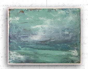 Original Painting of Emerald Ocean Scene, Ocean Painting in Cold Wax and Oil, Unframed Seascape Painting on Paper
