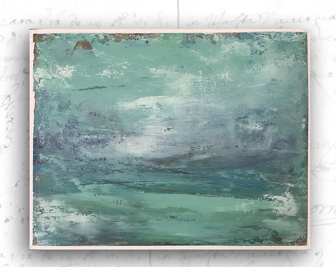 Original Painting of Emerald Ocean Scene, Ocean Painting in Cold Wax and Oil, Unframed Seascape Painting on Paper