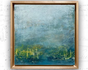 Framed River Landscape Painting: Cold Wax & Oil Abstract Art (8x8)