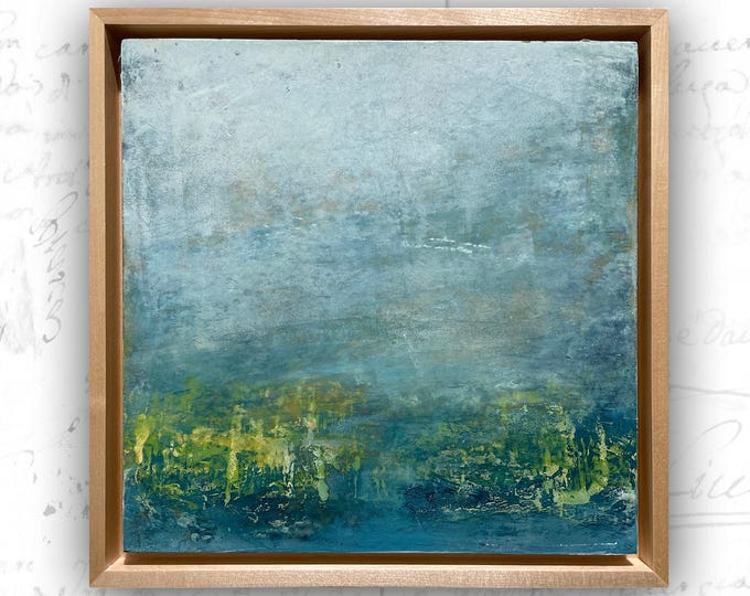 Framed River Landscape Painting: Cold Wax & Oil Abstract Art (8x8)