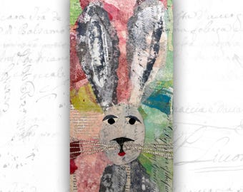 Collage Painting of Rabbit in Light Pink: Mixed Media Art with Rabbit (6x12)