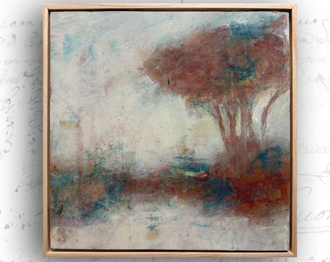 Framed Cold Wax Painting of Trees, Fall Foliage Art (12x12)