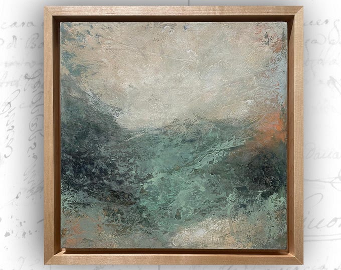 Abstract Landscape Painting in Green and White, Framed Abstract Painting, Cold Wax and Oil Painting