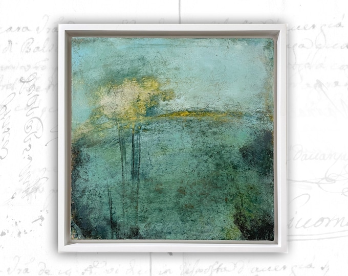 Springtime Field Painting: Cold Wax & Oil on Birch, Framed Art (10x10)