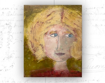 Whimsical Portrait of Blond Woman, Original Painting of Female Face, Cold Wax and Oil Painting of Woman