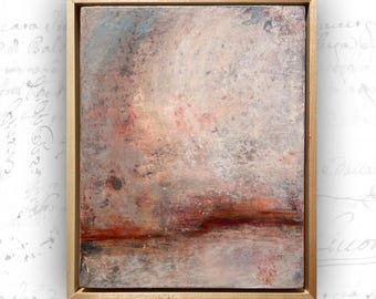 Framed Abstract Landscape Painting: Pink & Blue Cold Wax Art (8x10)