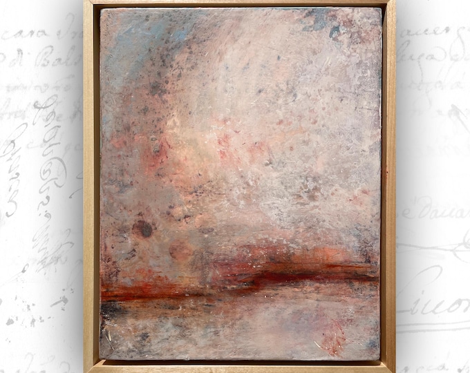 Framed Abstract Landscape Painting: Pink & Blue Cold Wax Art (8x10)