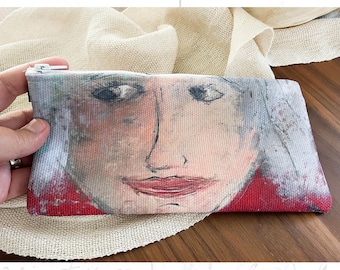 All Purpose Pencil Case with Gray Haired Woman Artwork, Zipper Bag for Accessories, Small Canvas Travel Bag