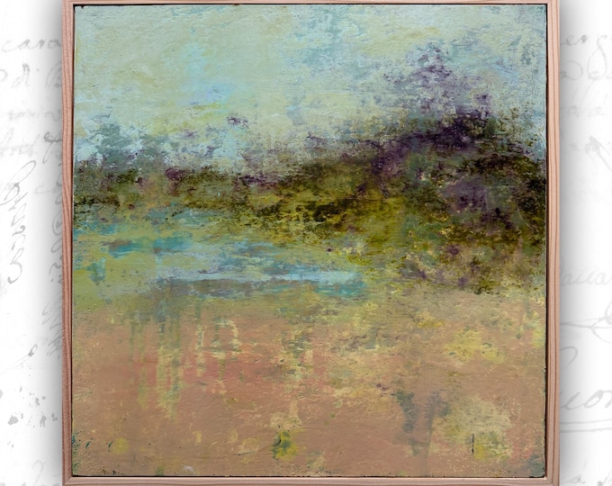 Original Abstract Landscape Painting: Framed Cold Wax & Oil in Pink (16"x16")