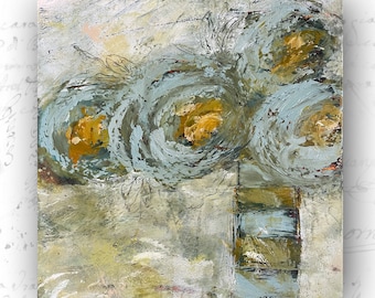 Original Painting of Flowers in Vase, Original Abstract Painting of Flowers, Cold Wax Painting, Unframed Art on Paper