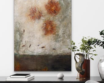 Large Cold Wax Oil Floral Painting: Abstract Textured Art with Poem (24x36)