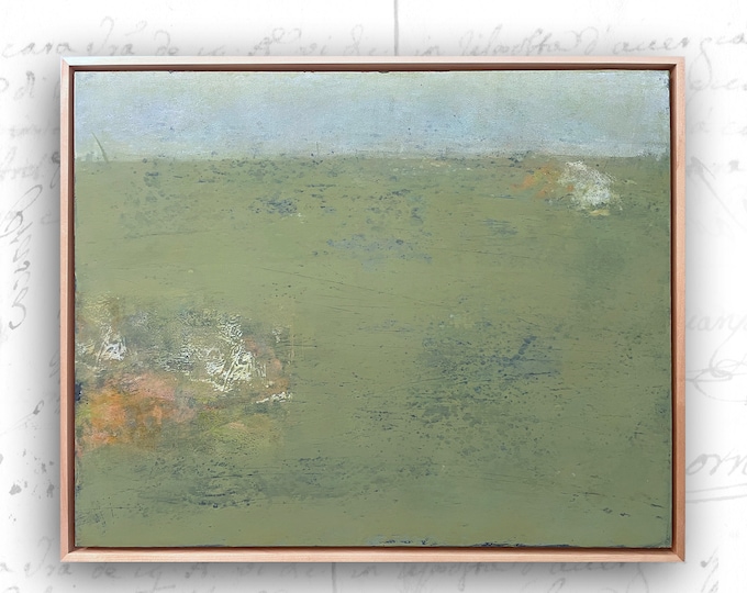 Framed Abstract Landscape Painting: Cold Wax & Oil, Green Fields